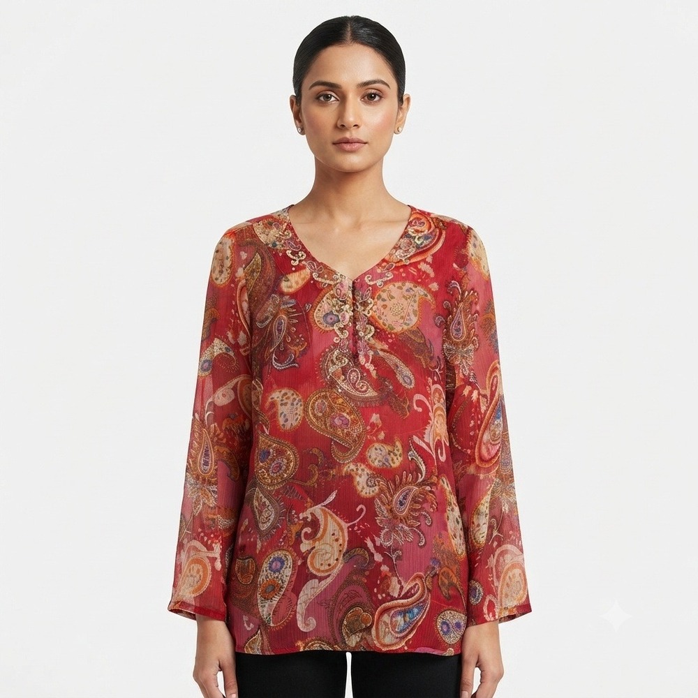 Usha Ris Indian Tunic Womens M Red Sequin Embellished Sheer Crinkle Chiffon